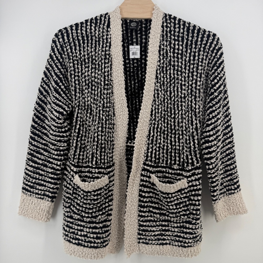 Bobeau Women XL Black Ivory Striped Popcorn Knit Open Front Cardigan NWT